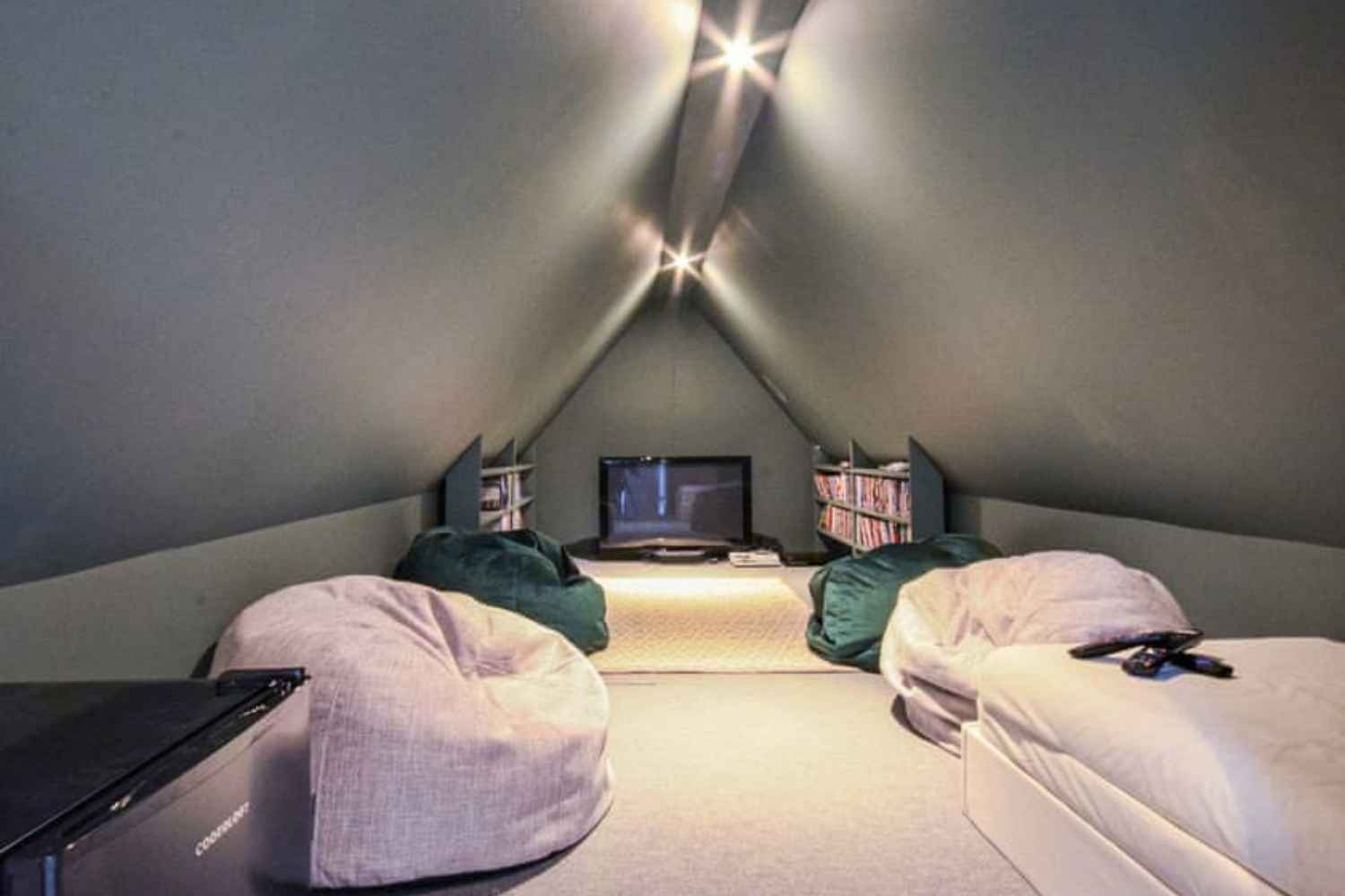 Loft room with large TV and DVD library